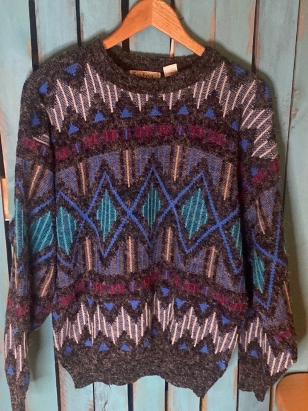 Vintage 80s Santana geometric pattern crewneck sweater size large black blue